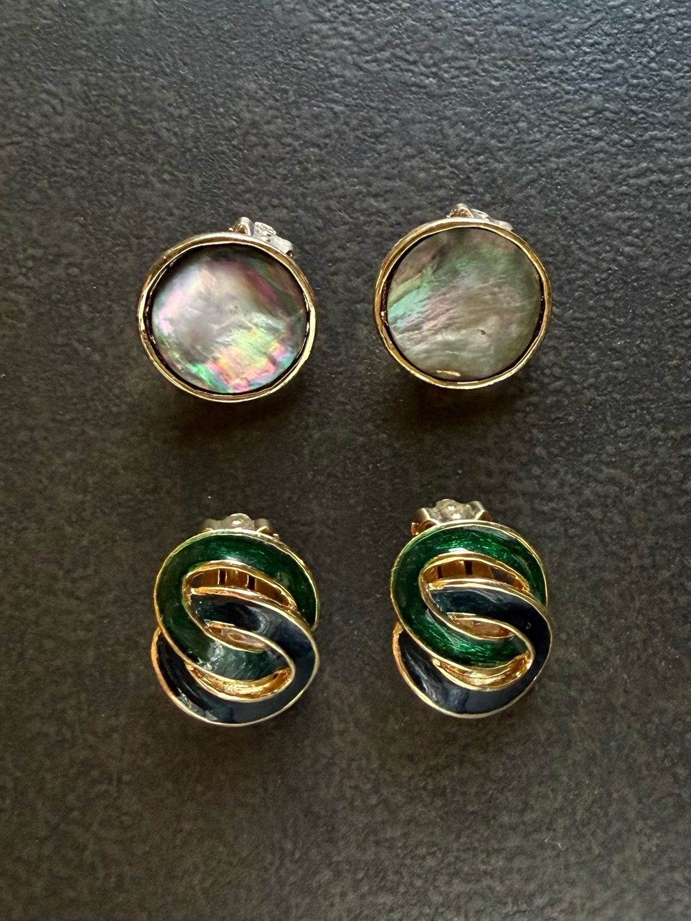 Gold-Tone Mother of Pearl & Green Enamel Knot Clip On Earrings
